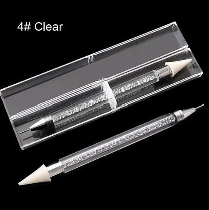Dual-ended nail dotting pen with wax tip and metal picker for diamond painting and rhinestone placement