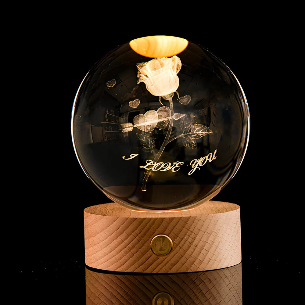 Luminous Galaxy Crystal Ball with 3D laser inner carving showing celestial patterns and gradient lighting