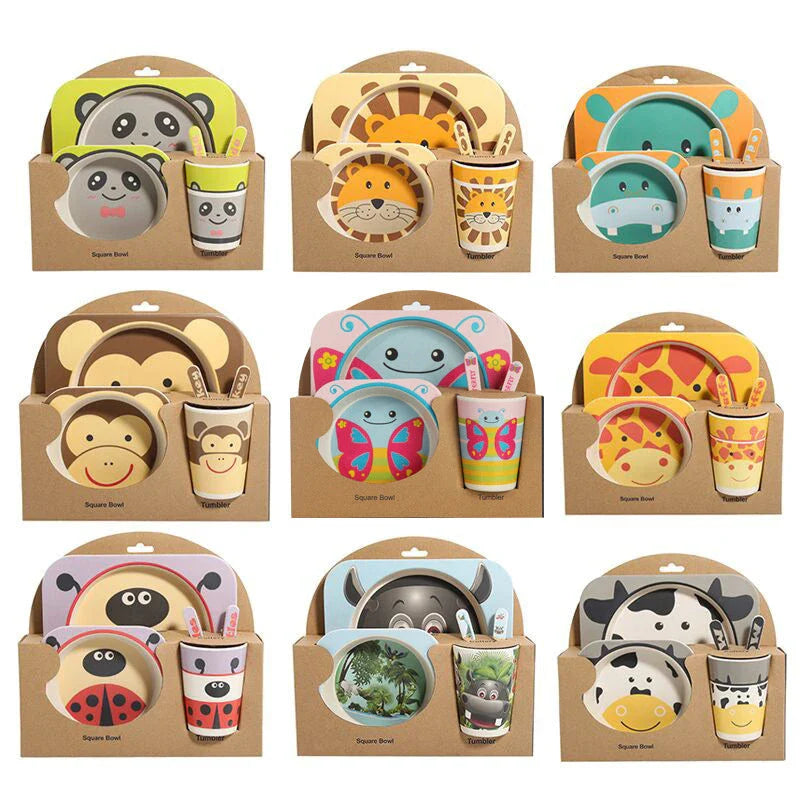 Stylish bamboo fibre children's tableware set with playful animal designs