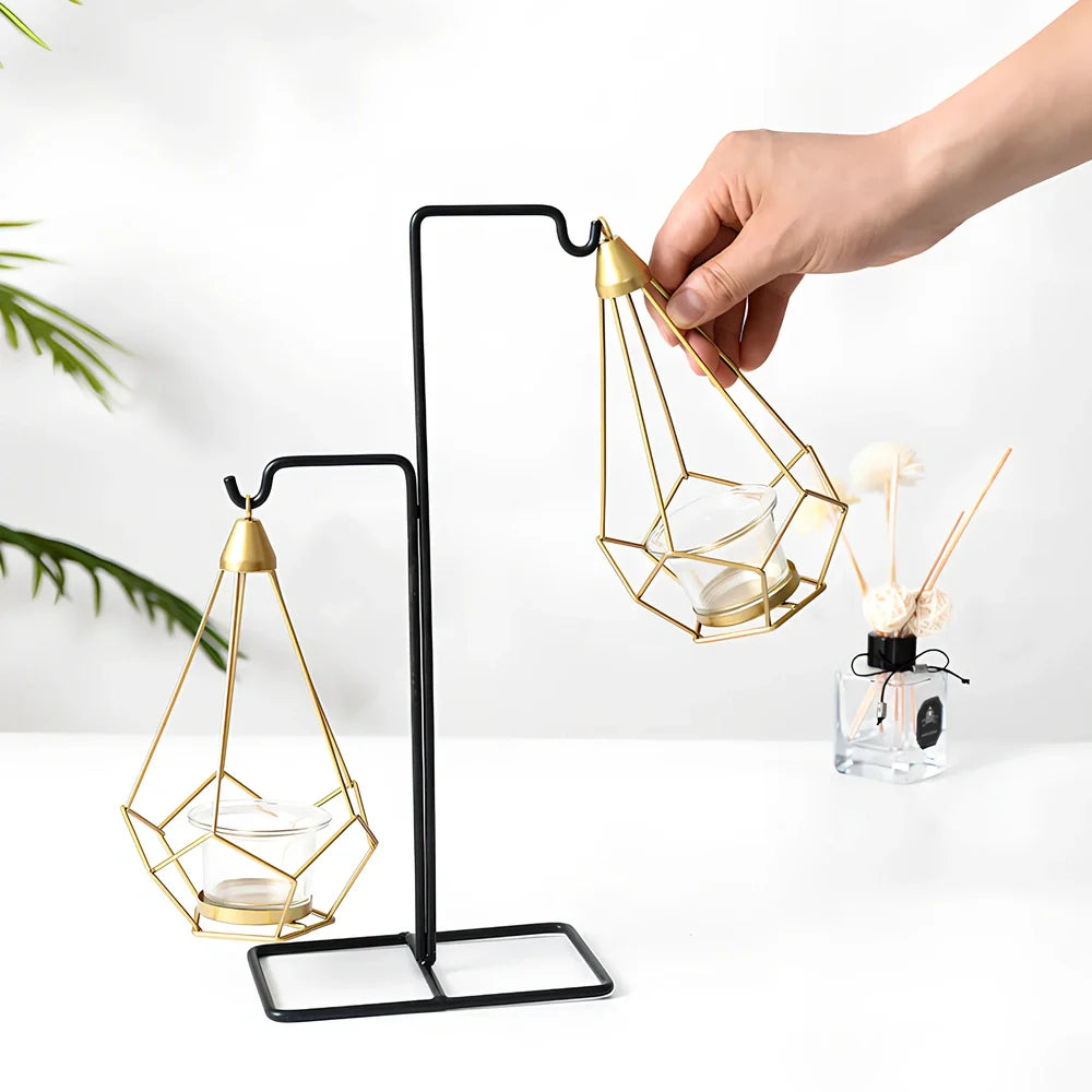Geometric wrought iron candle holder with angular design, 25cm height and 15cm base diameter