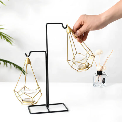 Geometric wrought iron candle holder with angular design, 25cm height and 15cm base diameter