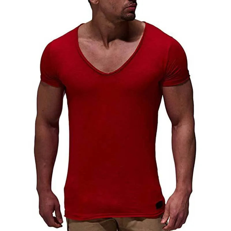 Men's V-neck short sleeve slim fit t-shirt in red, black, white, grey, navy blue, or lake blue, made from 90% modal.