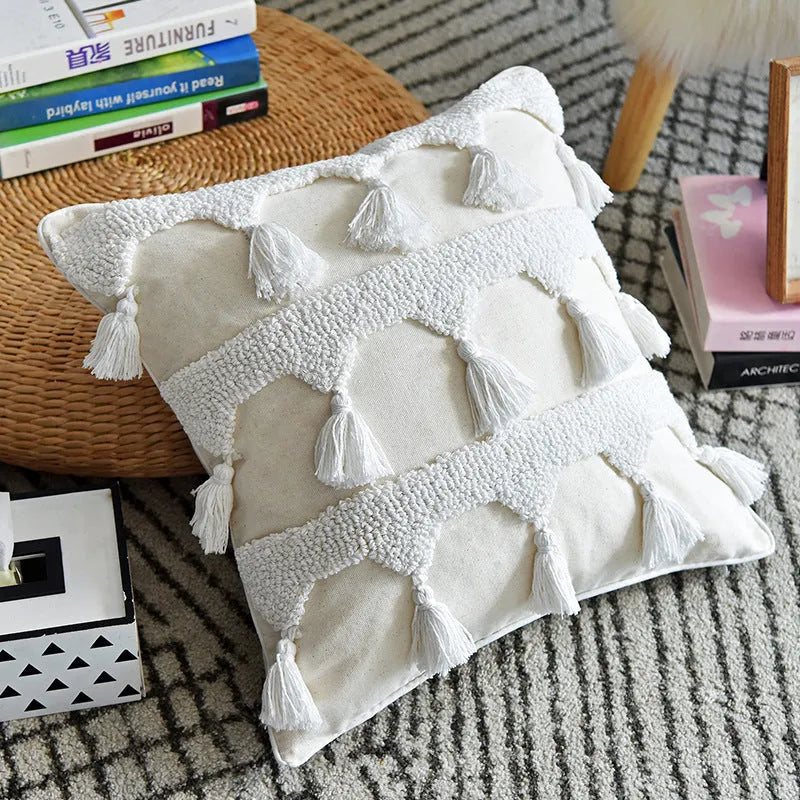 Nordic style tufted geometric throw pillow cover in cotton linen blend on a grey sofa