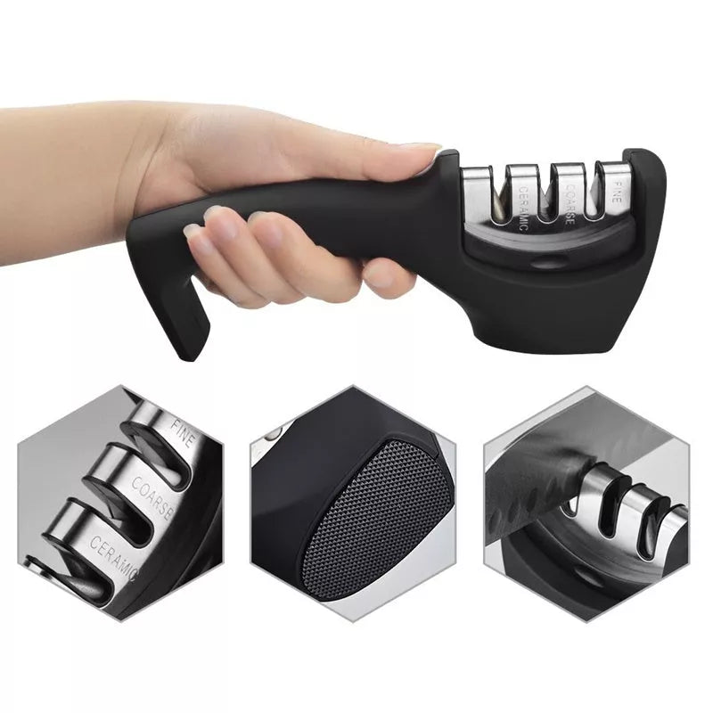 Professional knife sharpener with three-level sharpening system and anti-slip base