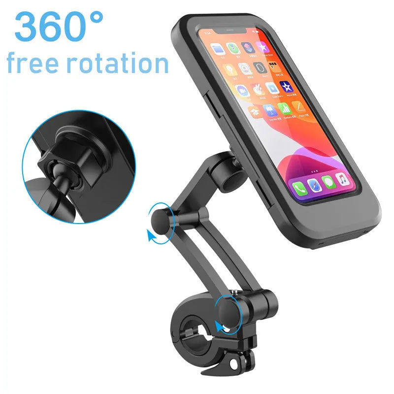 Black adjustable waterproof bicycle handlebar mount holding a mobile phone.