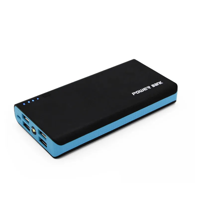 20000mAh power bank in blue measuring 145x68x22mm with USB port for charging mobile devices