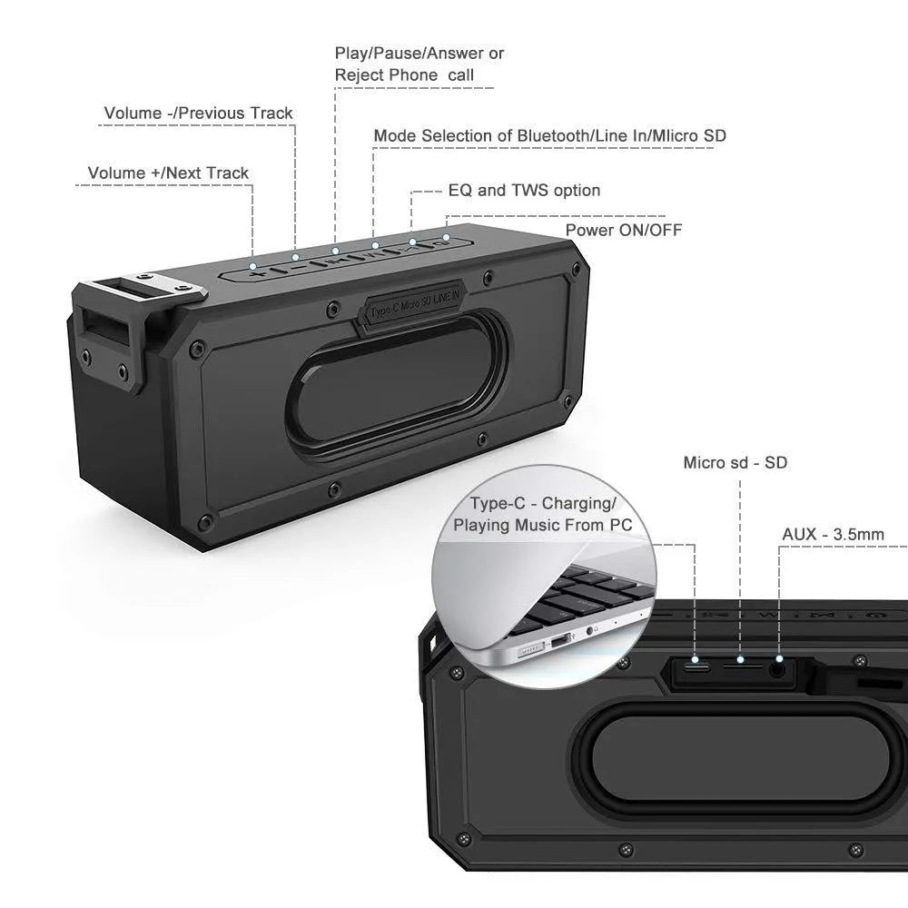 X3 PRO black or blue portable waterproof Bluetooth speaker with carry rope