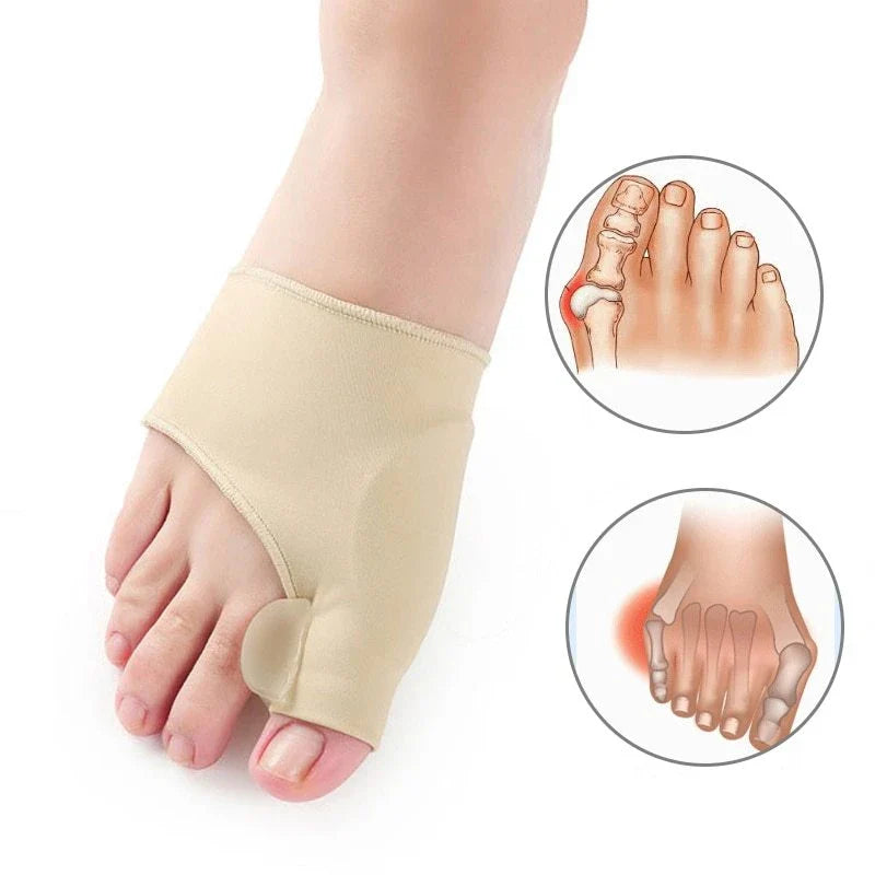 Corrective toe separator socks featuring a gel pad for bunion pain relief and a silicone toe spacer for proper foot alignment