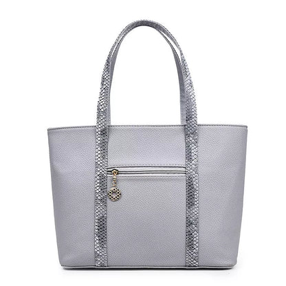 Women's shoulder bag with zipper closure and multiple pockets in light grey, black, off-white, and rose red