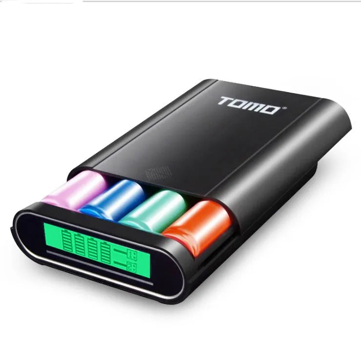 Black DIY mobile power box for 18650 batteries with LCD screen and dual USB ports