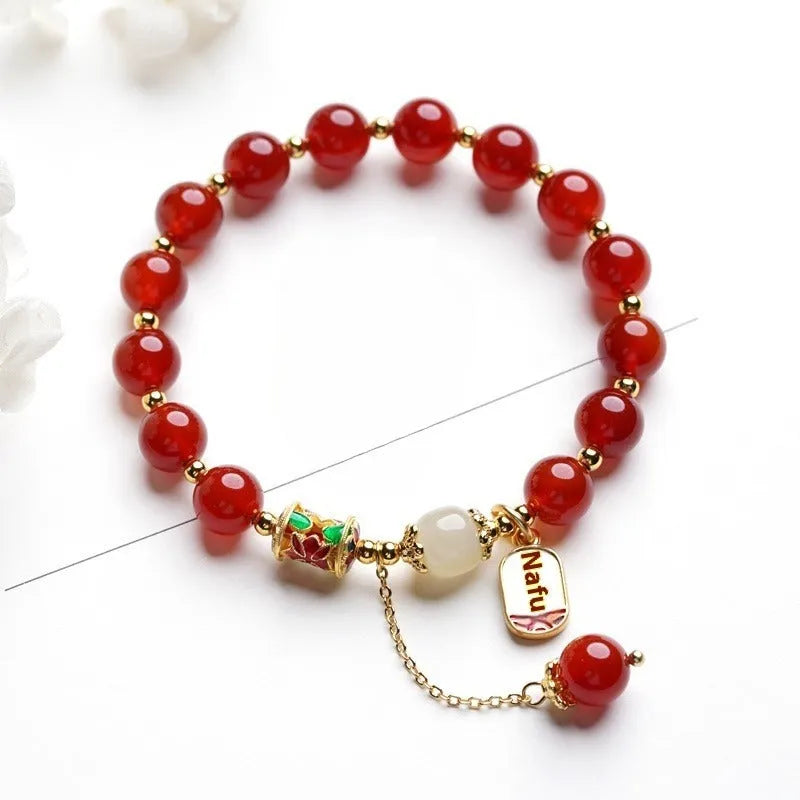 Women's red agate and Hetian jade bracelet with gold plating in original design