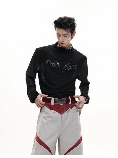 Black and white long sleeve slim fit mesh bottoming shirt laid flat.