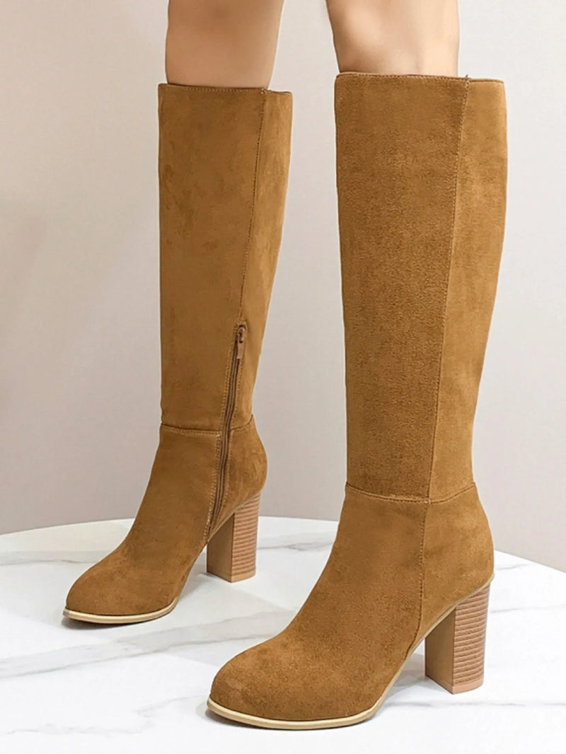 Women's Square Toe High Heel Fashion Boots in Black or Dark Brown with Artificial PU Upper in Sizes 36 to 42 for Casual Wear