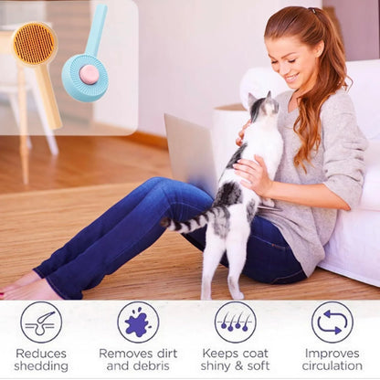 Blue and yellow pet grooming brush with self-cleaning button and angled metal pins for deshedding cats and dogs