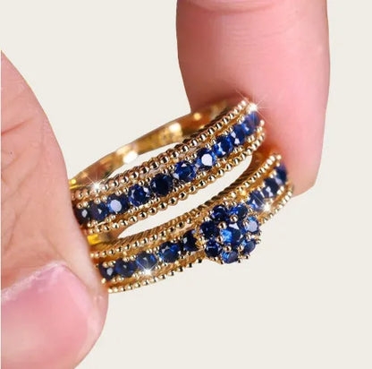 Gold geometric couple ring set with inlaid zircon stones, two-piece unisex design in sizes No 6 to No 10
