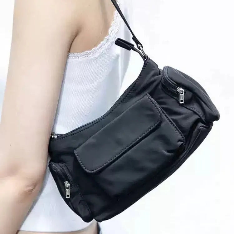 Women's Shoulder Bag Black Nylon Lightweight Double Pocket Crossbody Bag Casual Side Line Stitch Detailing 24cm x 9cm x 14cm Dimensions for Everyday Essentials