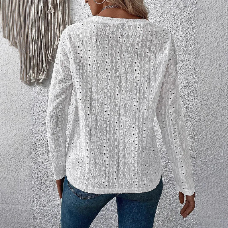 Women's Solid Colour Round Neck Long Sleeve Hollow T-shirt Top in Loose Pullover Style, Made from Polyester Fabric, Available in White and Sizes S M L XL XXL with Regular Sleeve Construction