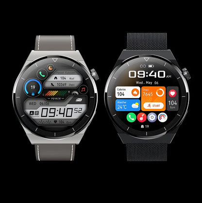 Black Android smart watch with round dial on a silicone strap, showing call and NFC functions.