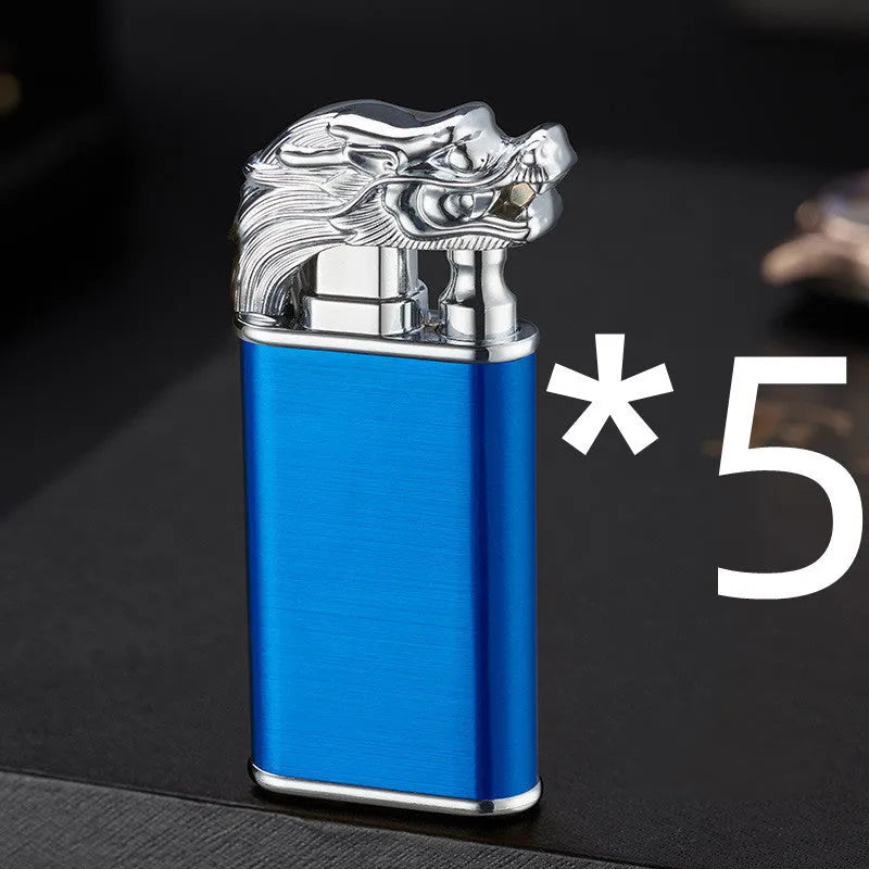Metal windproof lighter with double flame and dragon design, showing flame from mouth.