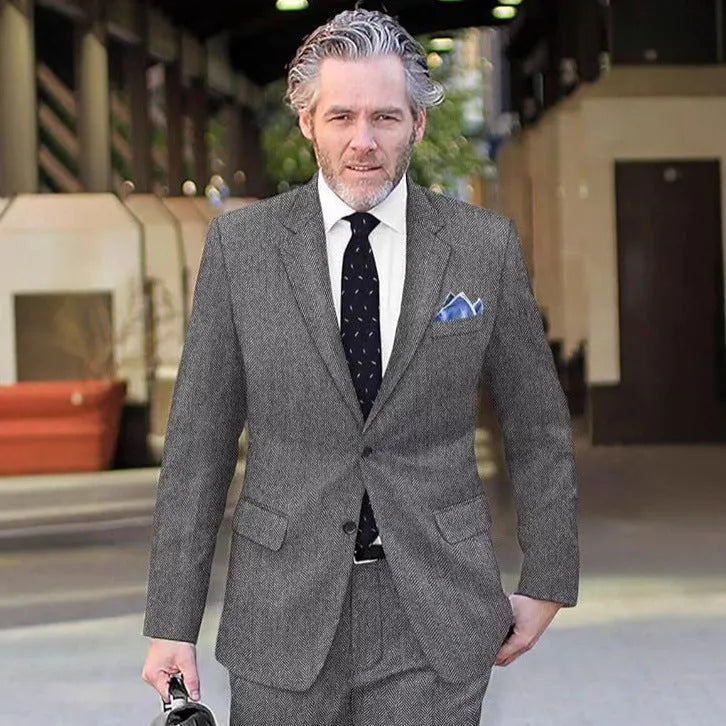 Men's single-breasted herringbone suit jacket, slim fit, brown or grey, sizes XS to 6XL
