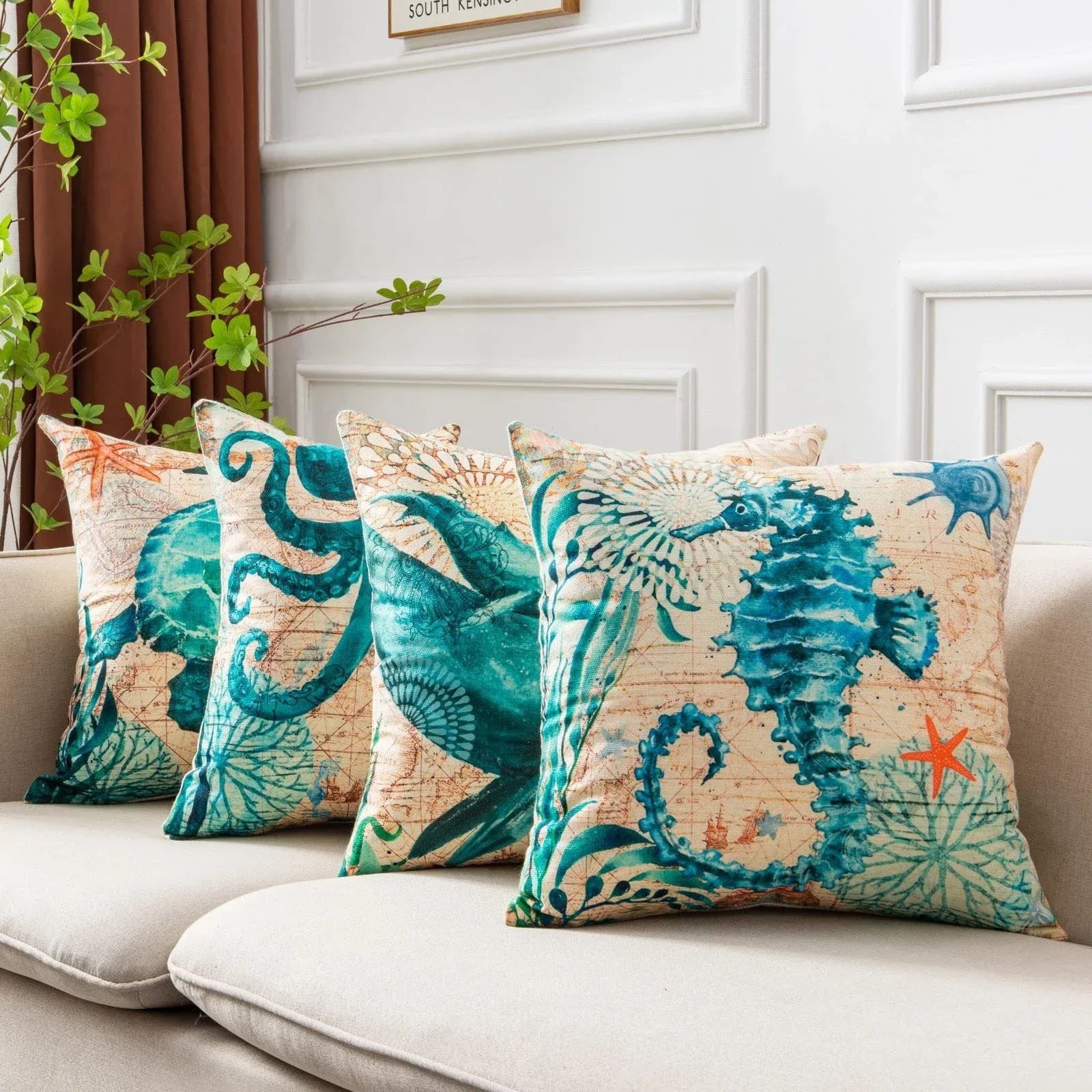 Colorful throw pillow covers featuring vibrant sea creature designs like turtles, octopuses, and seahorses printed on soft, durable linen fabric