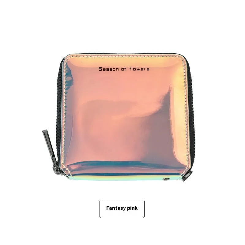 Short folding Korean-style women's wallet in PU leather showing three colour options: crystal blue, magic nail glitter, symphony green