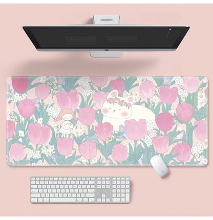 Large cartoon flower pattern mouse pad with non-slip rubber base on desk