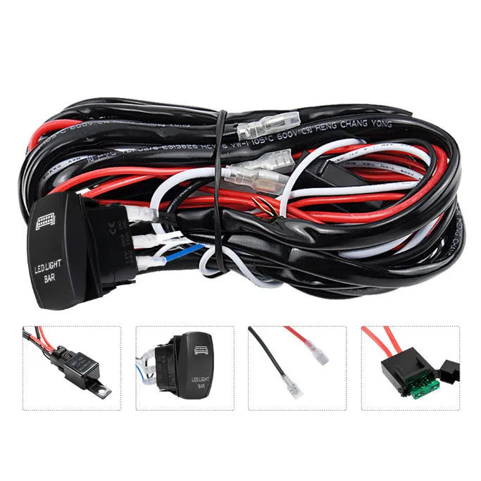 Off road LED spotlight cable set with 2 metre black wiring harness and light bar switch