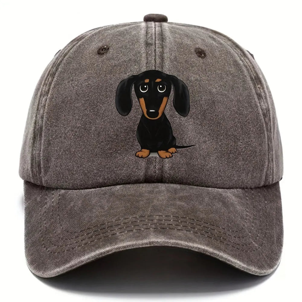 Retro washed cotton baseball cap with an embroidered Dachshund dog print on the front.