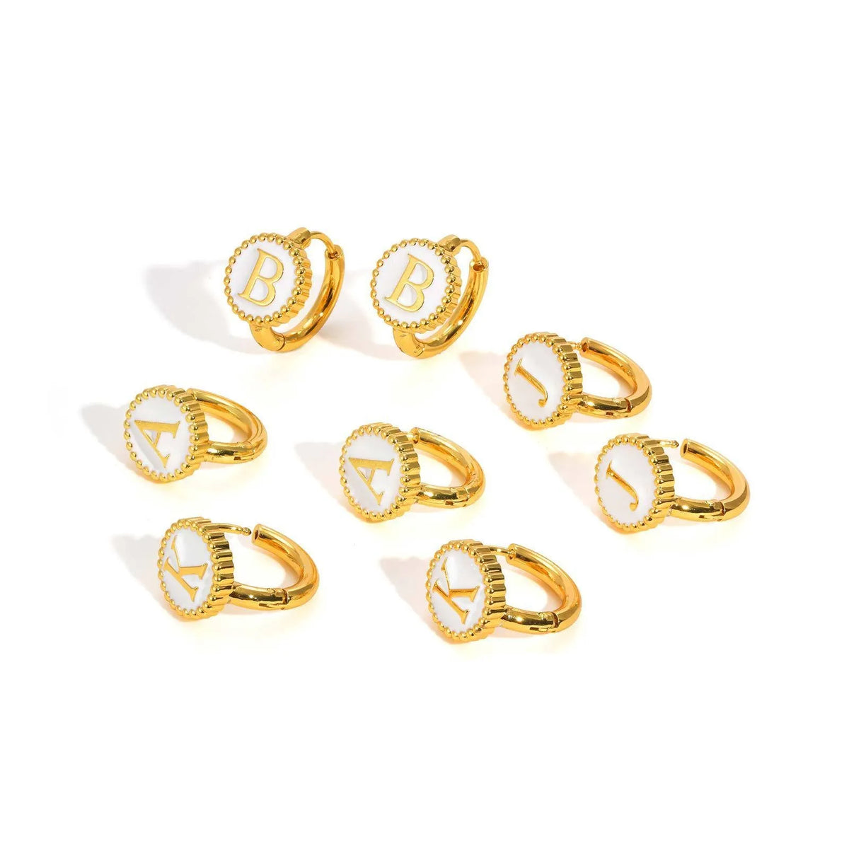 Round gold-tone letter earrings for women in stainless steel with electroplated finish, available in letters A to Z