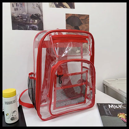Transparent PVC waterproof backpack with a coloured inner voile bag, shown in various colours.