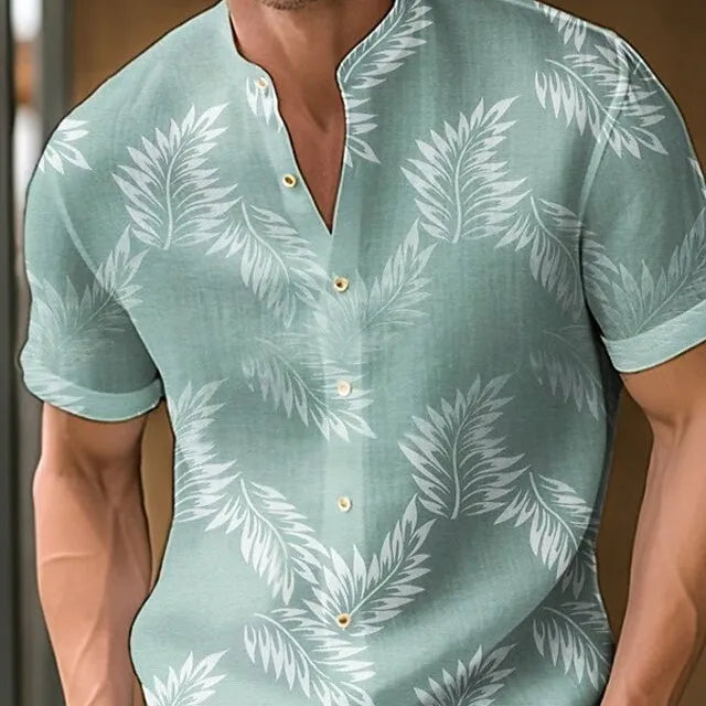 Men's printed polyester casual shirt showing colour options MB01RQ Y085-Y092 with Asian sizing S to 4XL