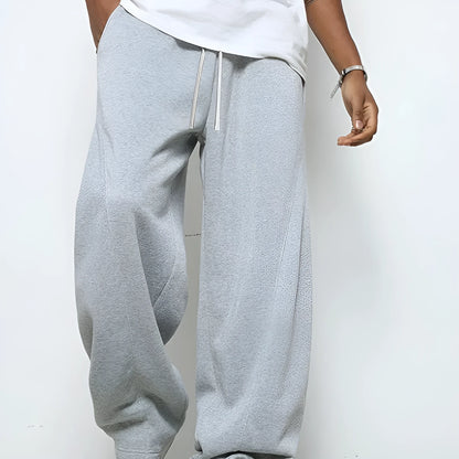 Men's straight leg casual trousers in grey with a micro-elastic drawstring waist.