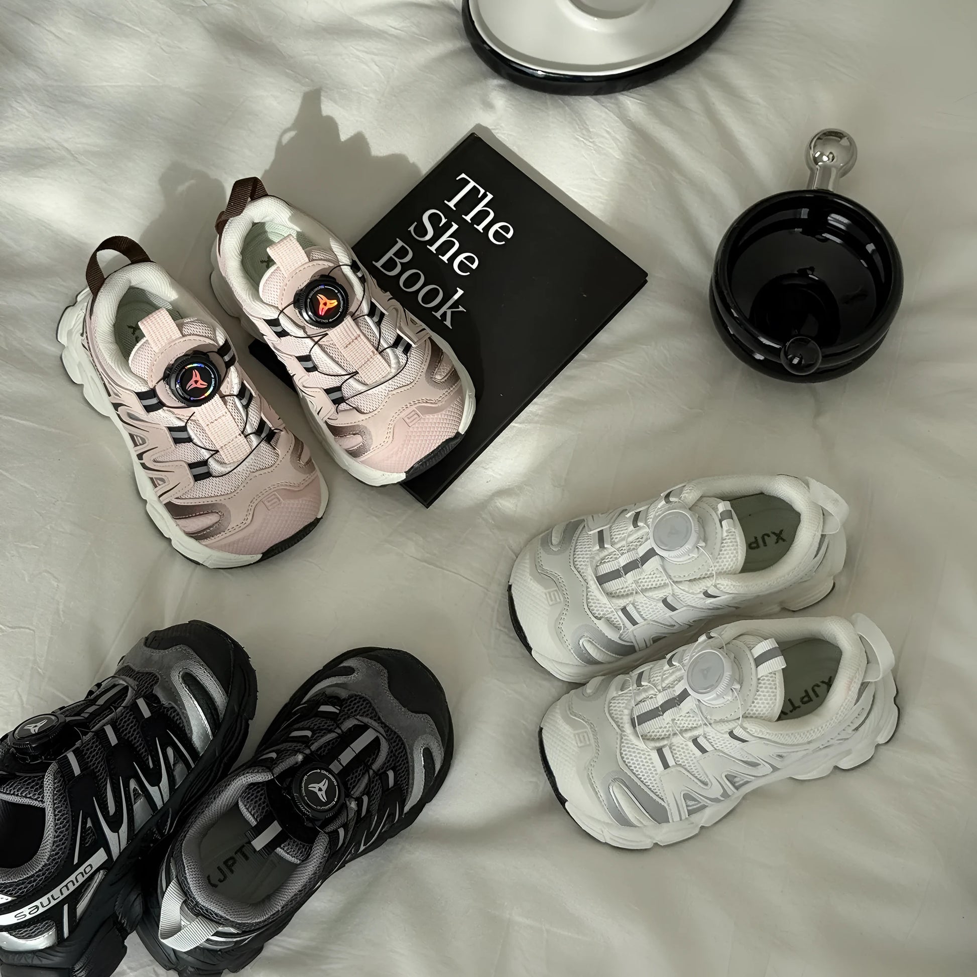 Girls casual shoes in black, beige, or pink with PU leather mesh upper.