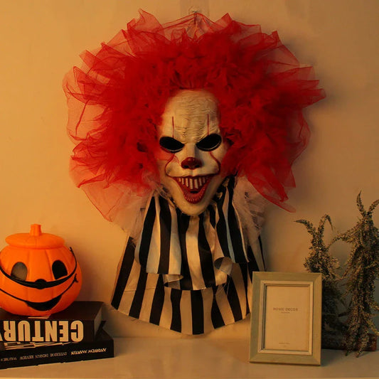 Spooky Halloween clown wreath with vibrant red clown face design, perfect for adding eerie charm to your home