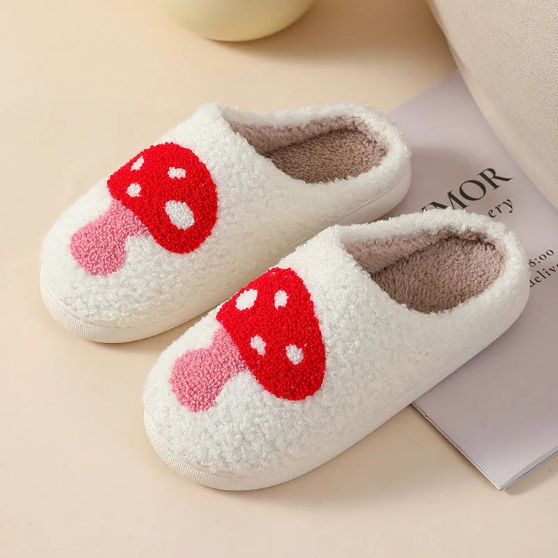 Adult women's plush home slipper in a cartoon love design with a round toe and non-slip PVC sole.
