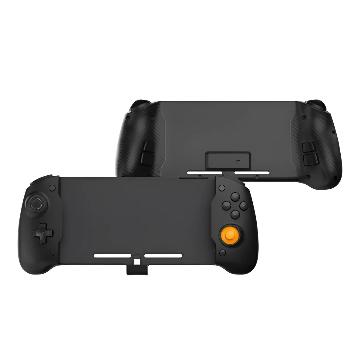 Black and white Nintendo Switch gamepad with console inserted, showing buttons, gyroscope, and Type-C charging port.