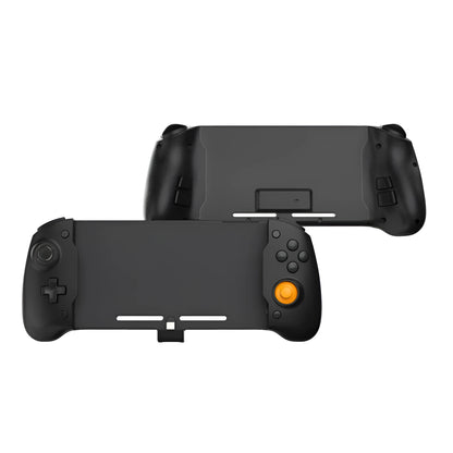 Black and white Nintendo Switch gamepad with console inserted, showing buttons, gyroscope, and Type-C charging port.