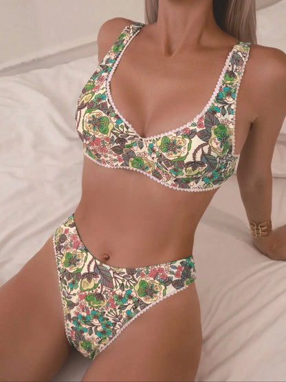 Women's printed bikini swimsuit with push-up top and high-waist briefs