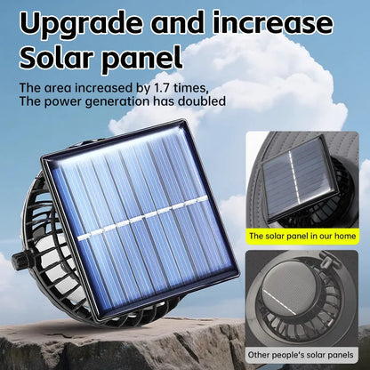 Solar-powered fan hat for men with a wide brim and adjustable chin strap, shown in a neutral colour.