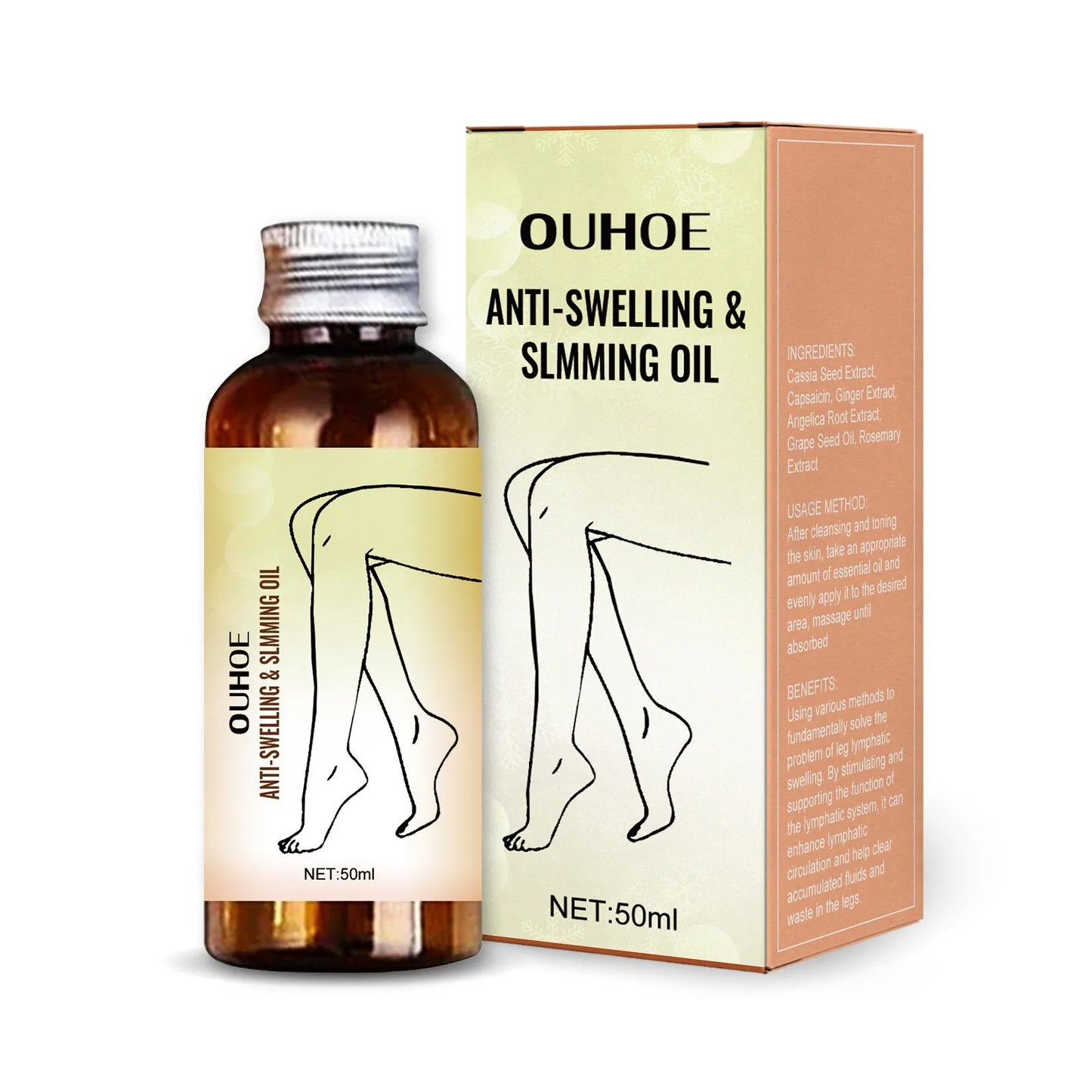 50ml bottle of essential oil for body moisturization and leg massage with botanical extracts
