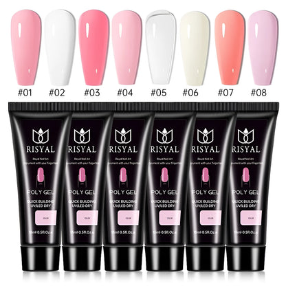 UV nail extension kit with polishes, mini lamp, glues, and metal tools in a zipper bag