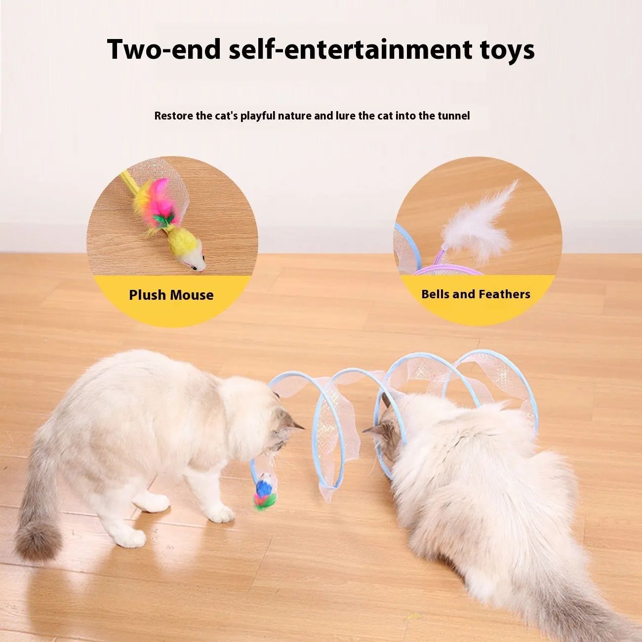 S-type cat tunnel toy with steel frame and elastic net construction, feather teaser attachment included