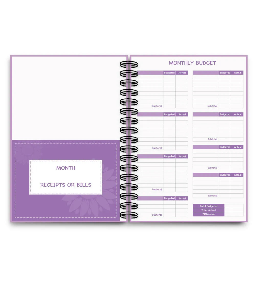 Purple coil-bound A5 budget notebook with pen, stickers and paper clips for financial planning