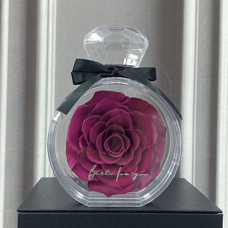 Preserved dried rose floral ornaments in a transparent display, available in various colors for home decor and special occasions