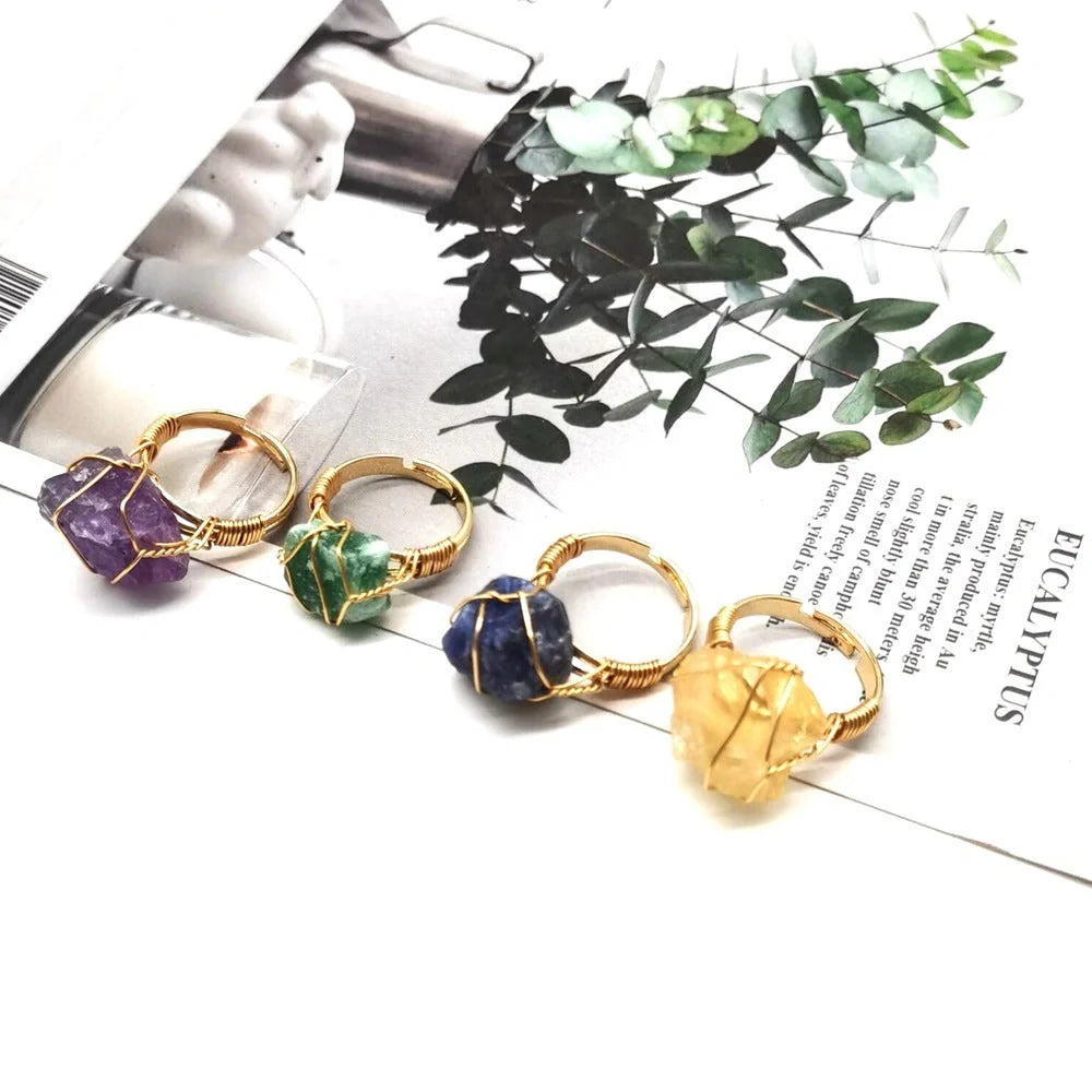 Adjustable hand-wrapped rough stone agate ring in various colours with ethnic design