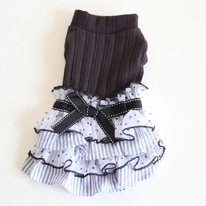 Polka dot lace cake princess dress for pets in taro purple, charcoal black, or iced coffee colours