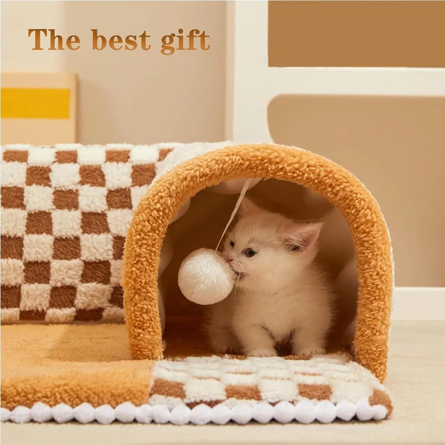 Brown plush plaid cat tunnel bed with central mat showing non-slip bottom and tunnel opening