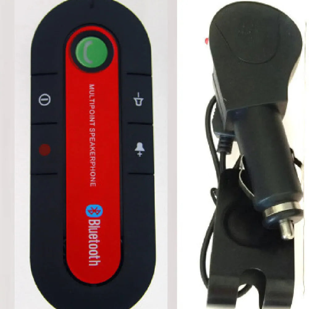 Black Bluetooth hands-free car kit mounted on a car sun visor with charger and cable.