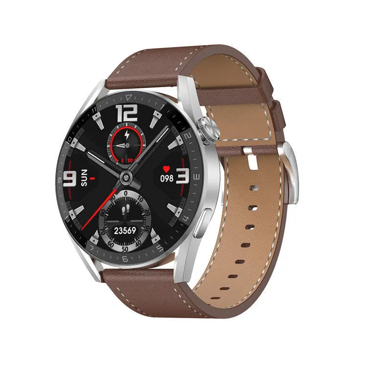 Simple metal smartwatch with black silicone strap and 1.45-inch screen displaying heart rate.